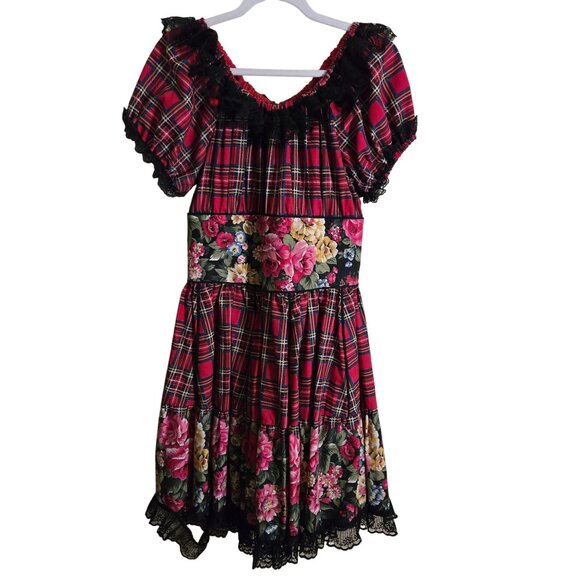 Stunning Mixed Pattern Rockabilly Plaid Floral Black Lace Handmade Dress Size S - Picture 2 of 7